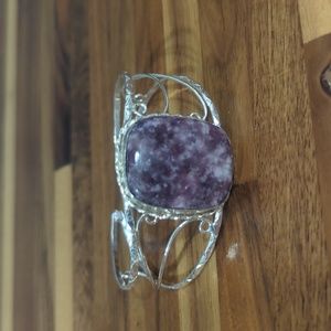Lepidolite and silver tone cuff bracelet